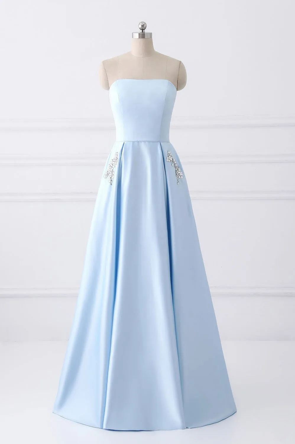 Simple A-line Strapless Long Crystal Light Blue Cheap Prom Dress with Pocket OK669