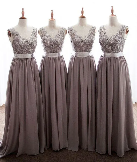 Simple v neck lace chiffon long prom dress, bridesmaid dress