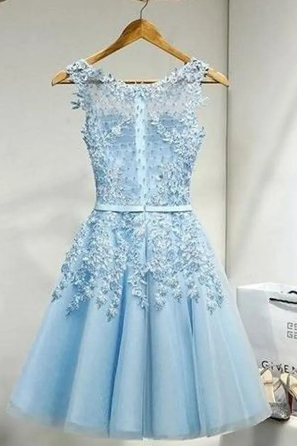 Sleeveless Tulle Homecoming Dress Short Prom Dress With Lace Appliques  TR0219