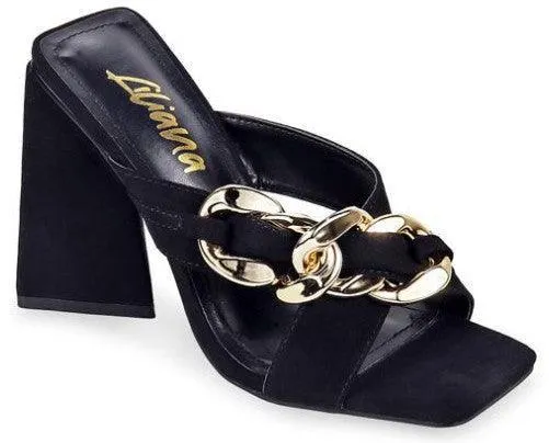 Slip On Chunky High Heel Dressy Sandal with chain detail