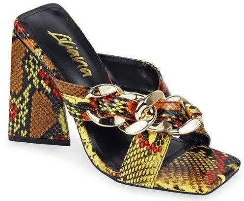 Slip On Chunky High Heel Dressy Sandal with chain detail