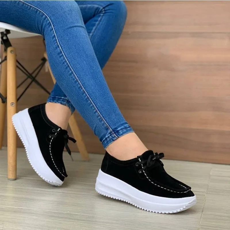 Sneakers Solid Color Thick Bottom Lace Up Walking Shoes Female Breathable Non Slip Platform Shoes