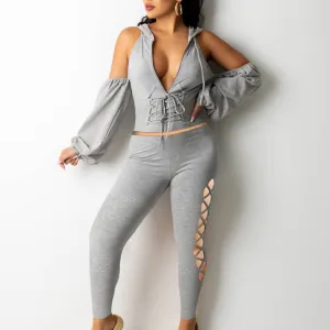 Solid Cold Shoulder Lace Up Hoodie Top & Hollow Out Pants Set