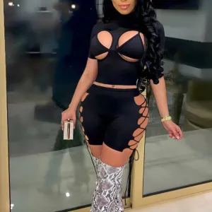 Solid Hollow Out Lace Up Three Piece Set