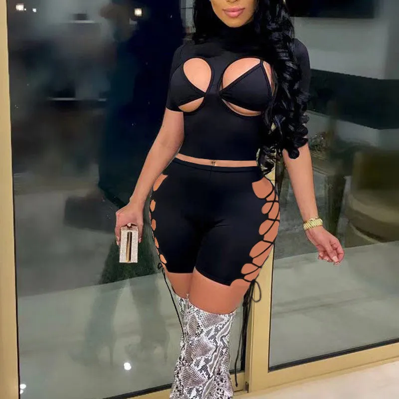 Solid Hollow Out Lace Up Three Piece Set