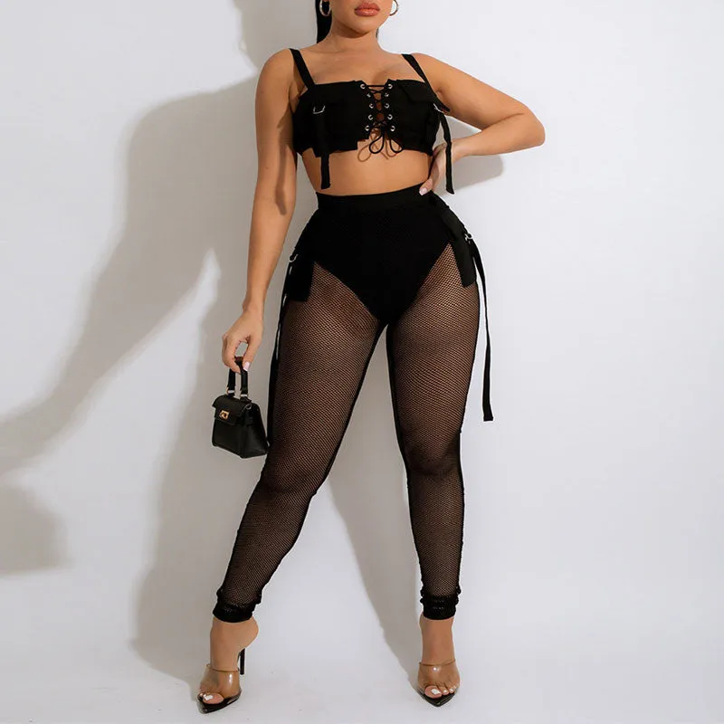 Solid Lace Up Crop Top & Sheer Mesh Pants Set