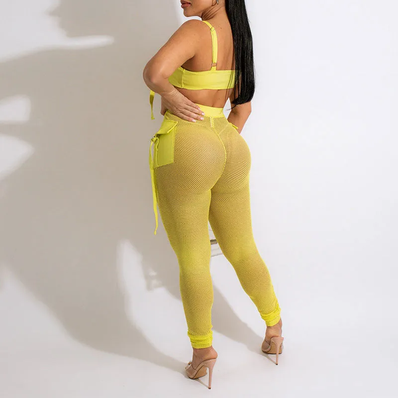 Solid Lace Up Crop Top & Sheer Mesh Pants Set