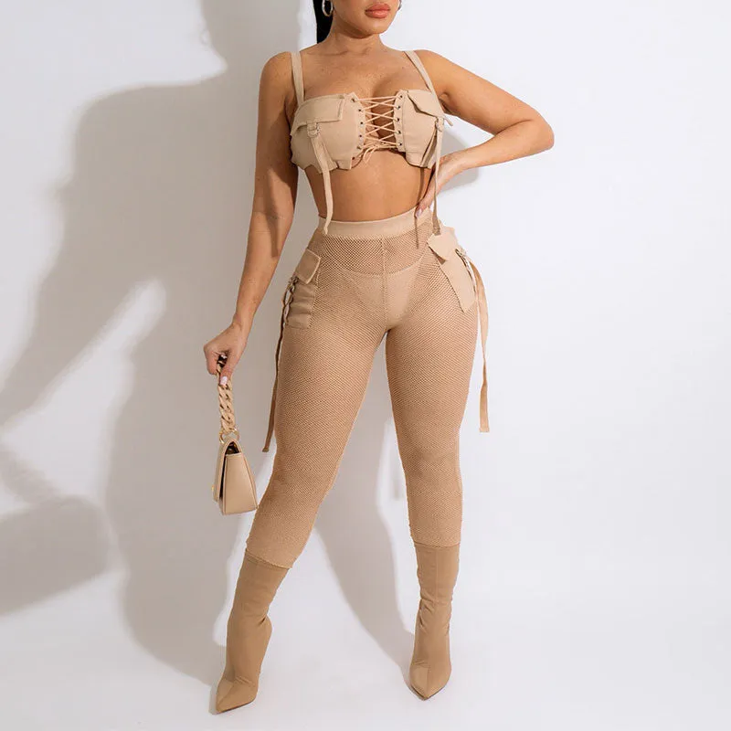 Solid Lace Up Crop Top & Sheer Mesh Pants Set