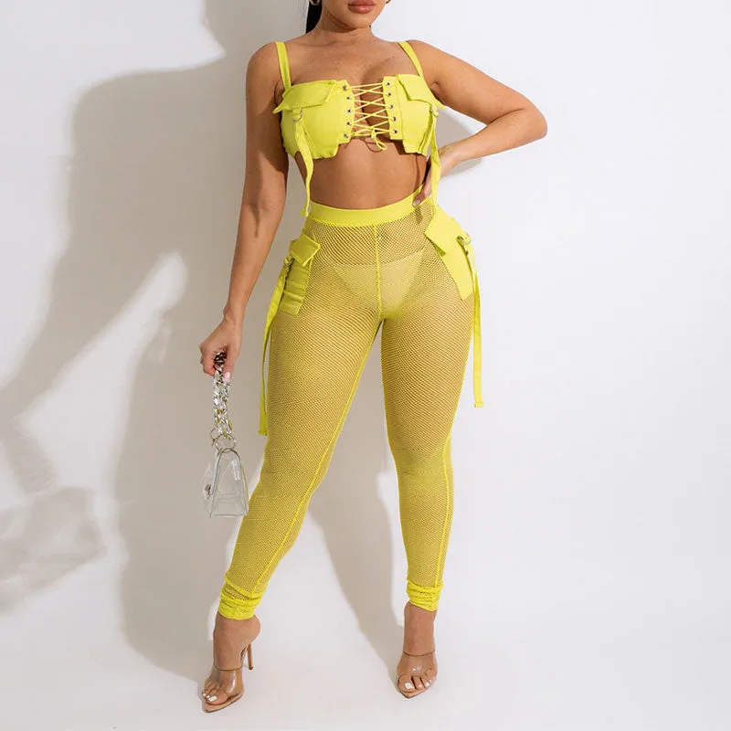 Solid Lace Up Crop Top & Sheer Mesh Pants Set