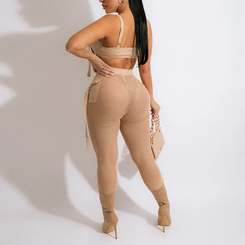 Solid Lace Up Crop Top & Sheer Mesh Pants Set