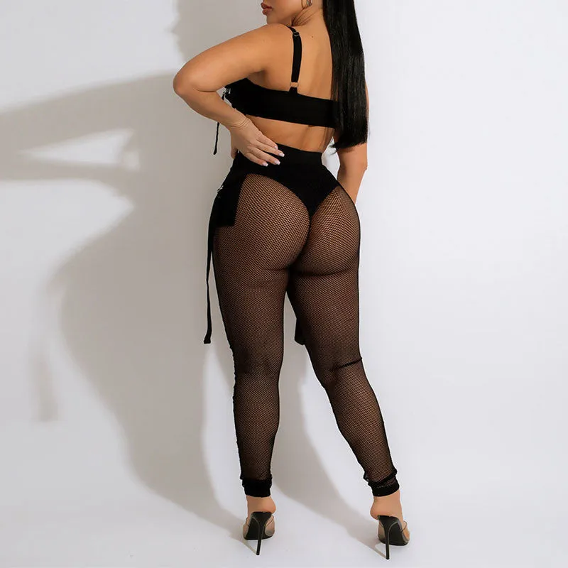 Solid Lace Up Crop Top & Sheer Mesh Pants Set