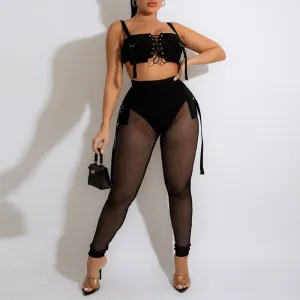Solid Lace Up Crop Top & Sheer Mesh Pants Set