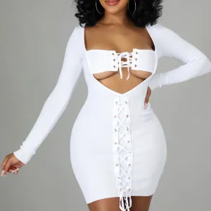 Solid Long Sleeve Cut Out Eyelet Lace Up Bodycon Dress