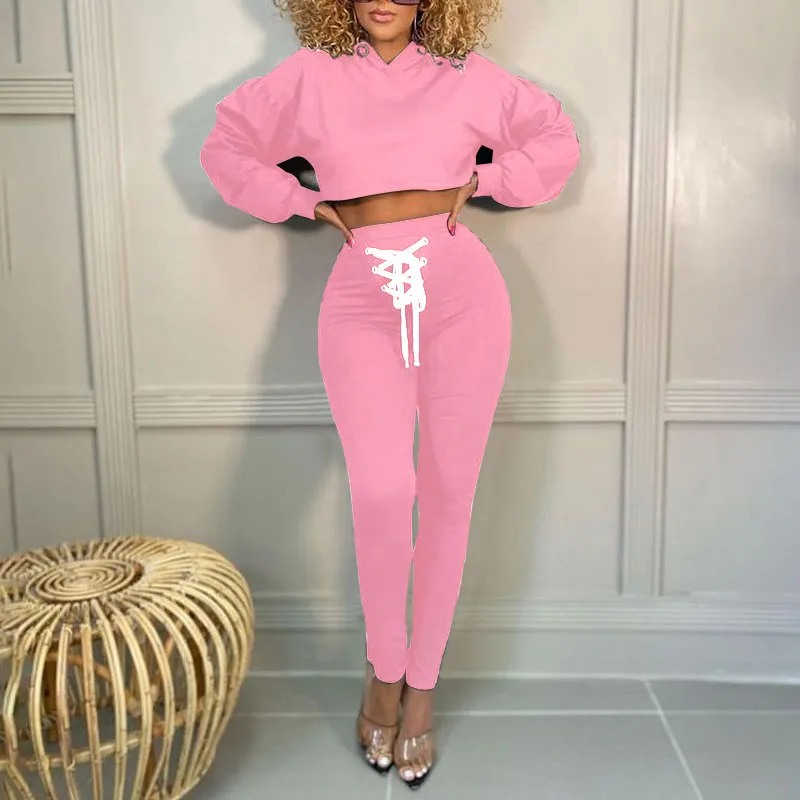 Solid Long Sleeve Hoodie Lace Up Top & Pants Set