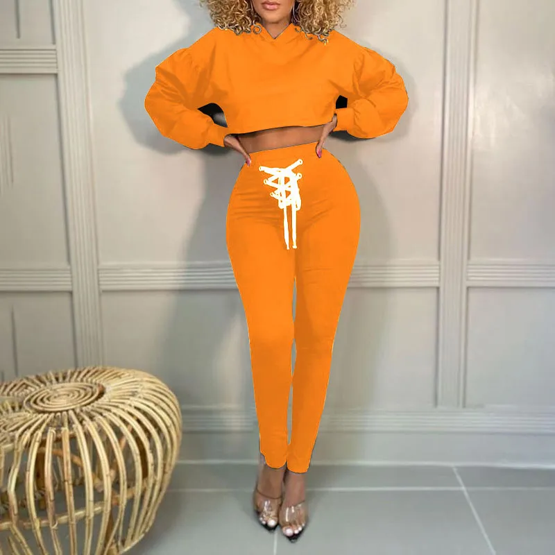 Solid Long Sleeve Hoodie Lace Up Top & Pants Set