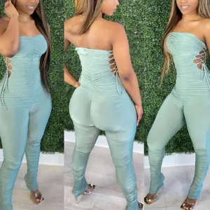 Solid Off Shoulder Hollow Out Lace Up Jumpsuit