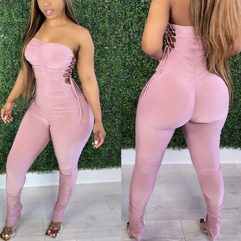 Solid Off Shoulder Hollow Out Lace Up Jumpsuit
