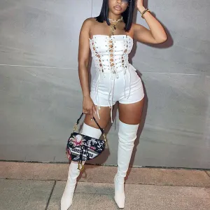 Solid Off Shoulder Hollow Out Lace Up Romper