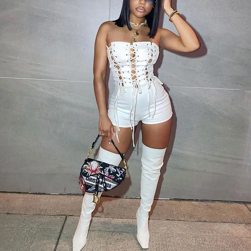 Solid Off Shoulder Hollow Out Lace Up Romper