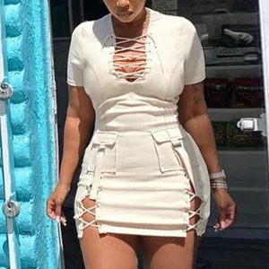 Solid Short Sleeve Lace Up Pocket Design Bodycon Dress
