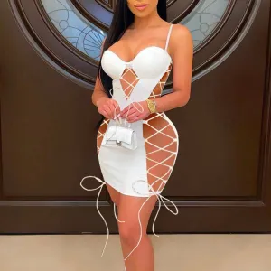 Solid Sleeveless Cut Out Lace Up Bandage Dress