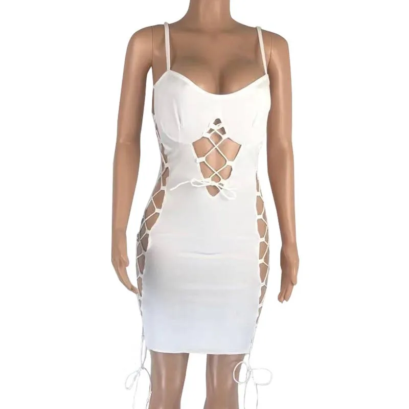 Solid Sleeveless Cut Out Lace Up Bandage Dress