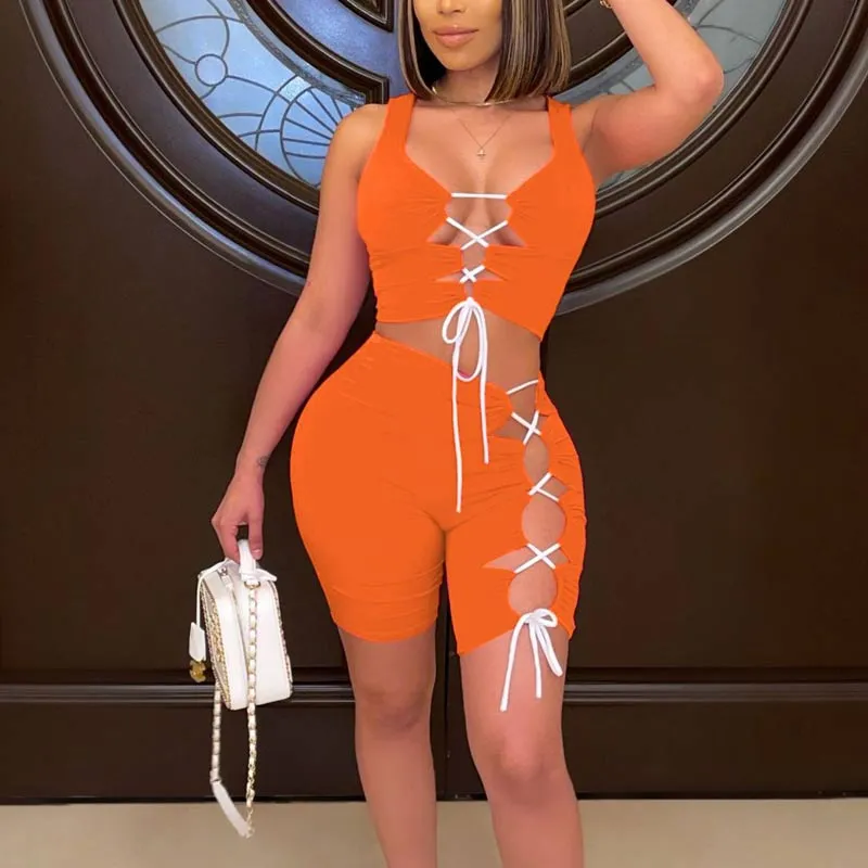 Solid Sleeveless Deep V-Neck Lace Up Shorts Set