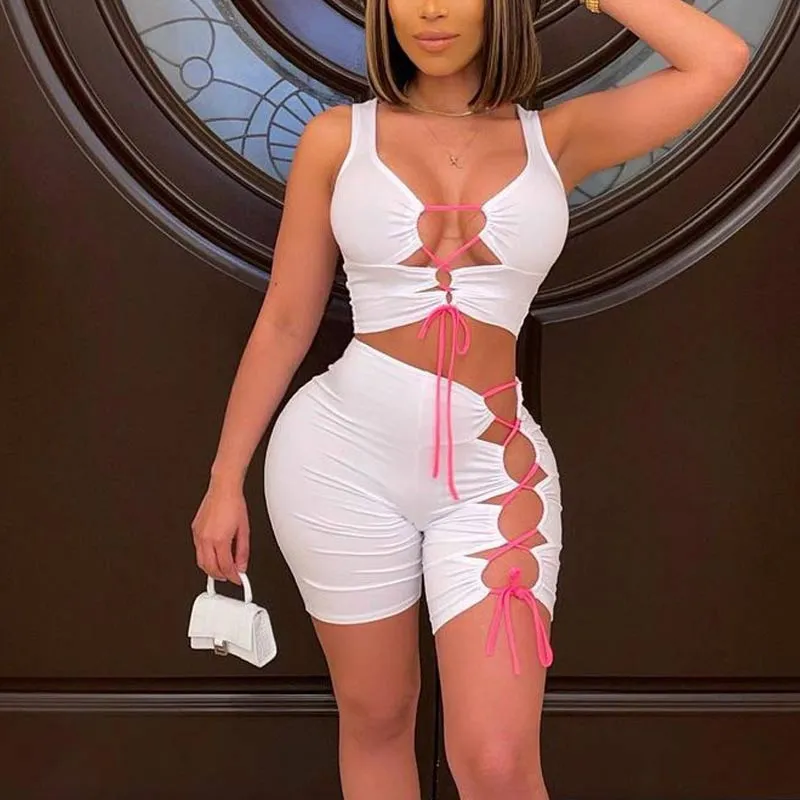 Solid Sleeveless Deep V-Neck Lace Up Shorts Set