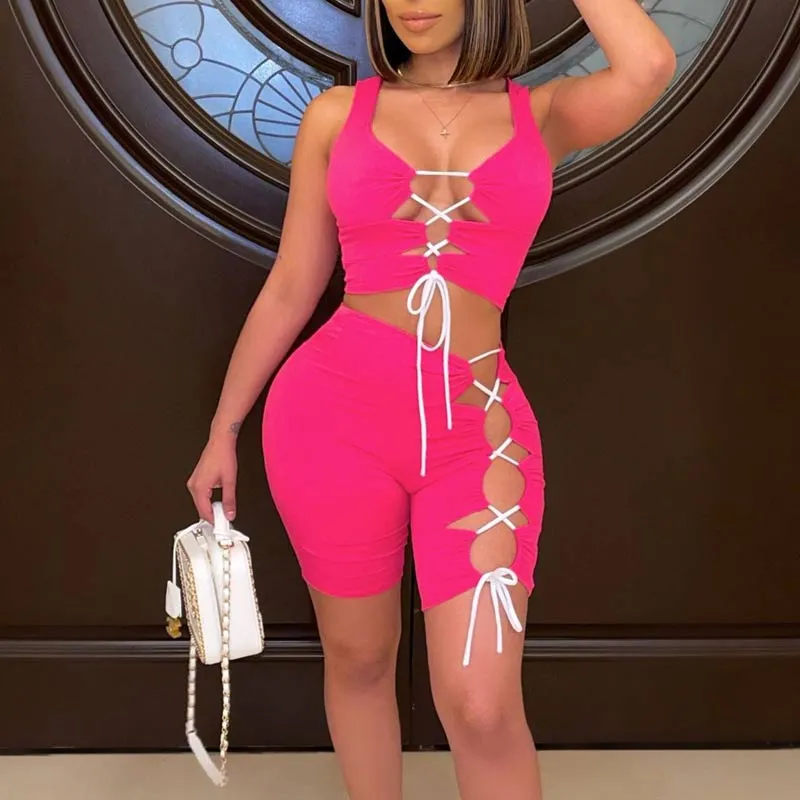 Solid Sleeveless Deep V-Neck Lace Up Shorts Set