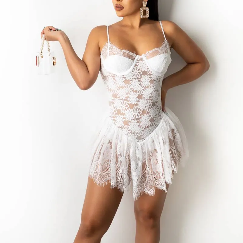 Solid Sleeveless Eyelash Lace See Through Mini Dress