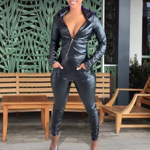 Solid Zipper Design Lace Up PU Top & Pants Set