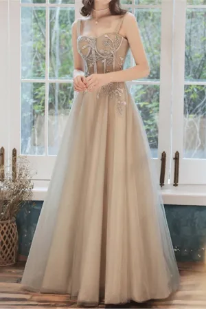 Spaghetti Straps A-line Long Prom Dress Fairy Tulle Evening Gown OKV86