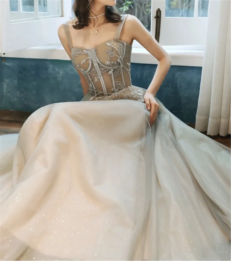 Spaghetti Straps A-line Long Prom Dress Fairy Tulle Evening Gown OKV86