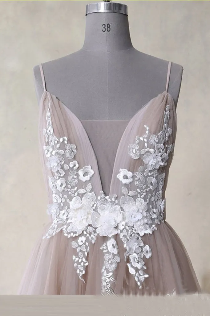 Spaghetti Straps Appliques Tulle A-line Long Prom Dress Formal Evening Dress OKS14