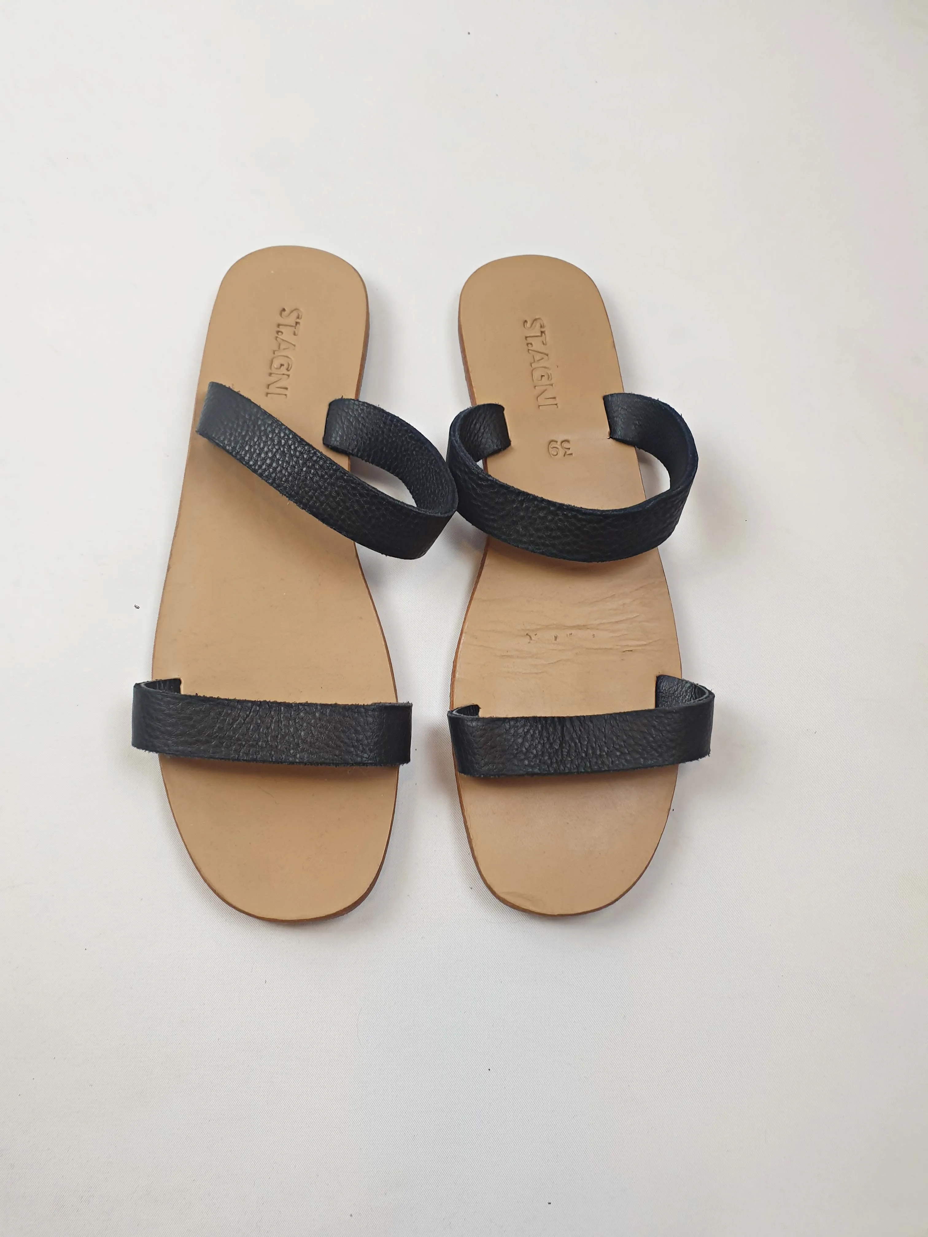 St. Agni black leather slip on sandals size 39