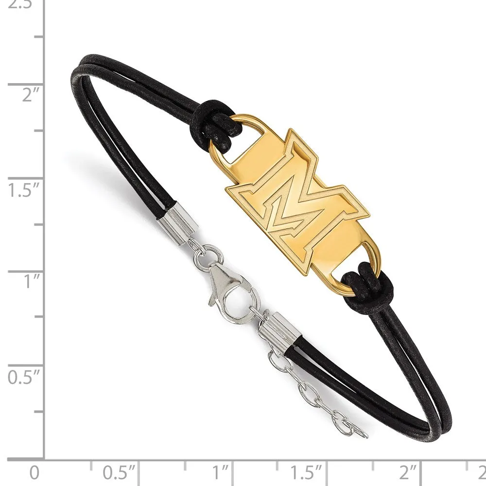Sterling Silver Gold-plated Miami University Ohio Letter M Small Center Black Leather 7 inch Bracelet with Extender