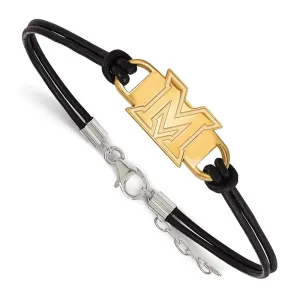 Sterling Silver Gold-plated Miami University Ohio Letter M Small Center Black Leather 7 inch Bracelet with Extender