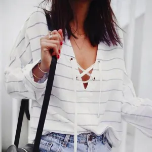 Striped Lace-Up V-Neck Sweatshirt