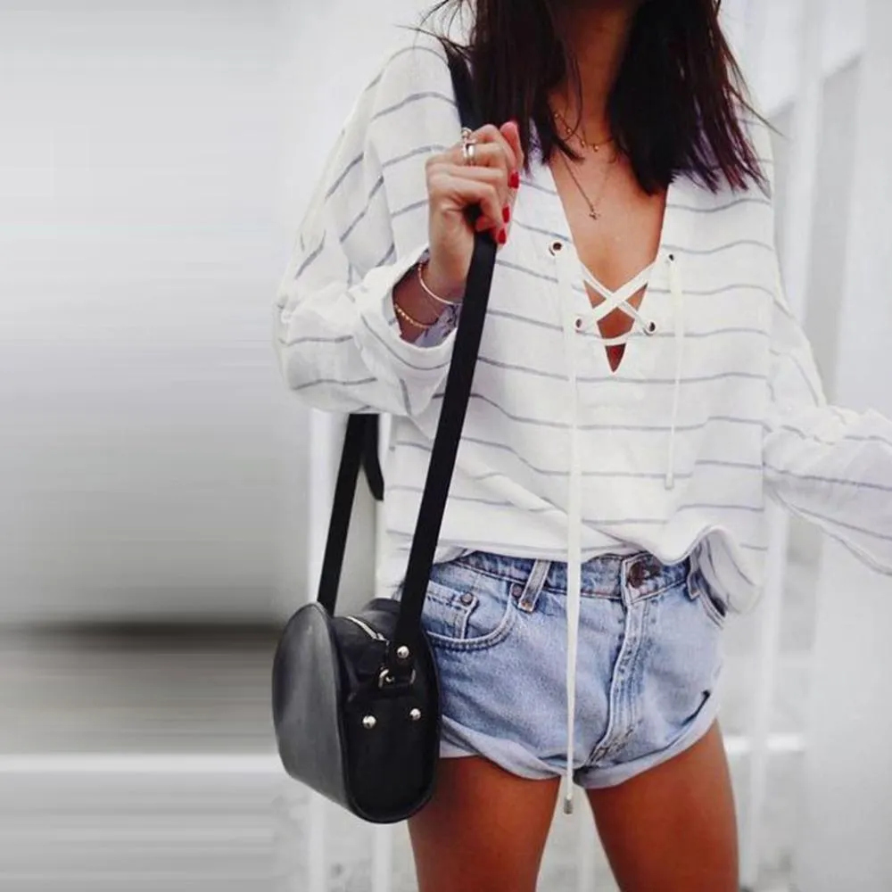 Striped Lace-Up V-Neck Sweatshirt