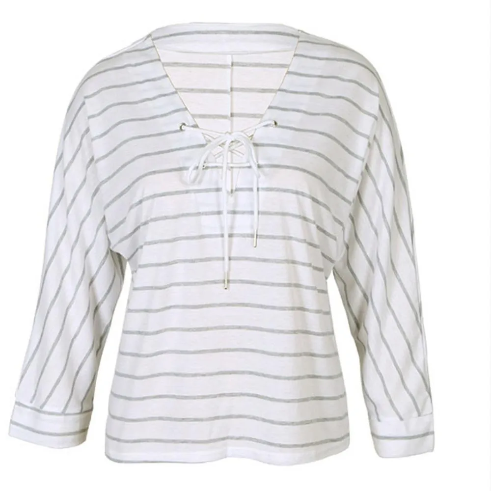 Striped Lace-Up V-Neck Sweatshirt