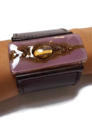 Stylish Wide Leather Cuff. Chocolate dark brown color Leather Bracelet. Recycled glass Bracelet.  Lavender, brown w golden bubbles