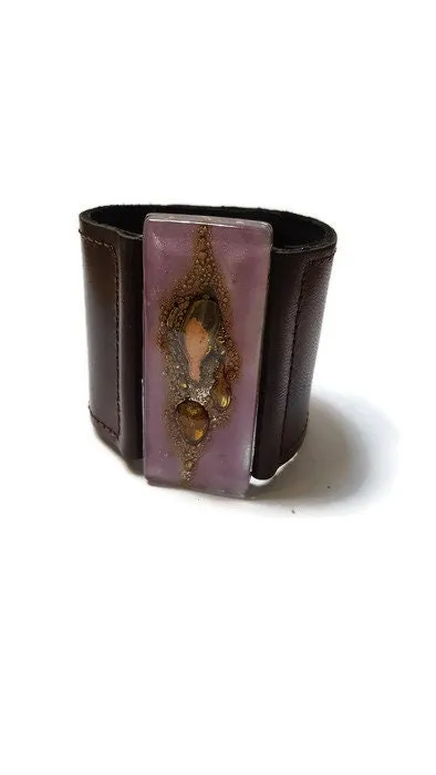 Stylish Wide Leather Cuff. Chocolate dark brown color Leather Bracelet. Recycled glass Bracelet.  Lavender, brown w golden bubbles