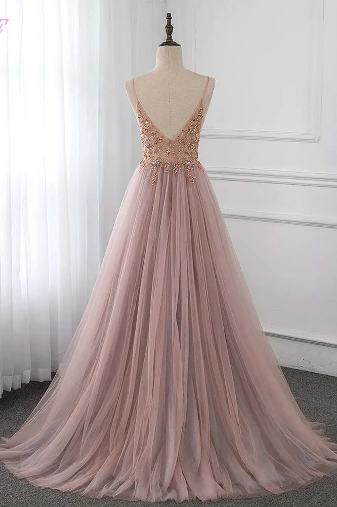Sweet Dusty Pink Crystal Prom Dress Long Straps Spaghetti Tulle Evening Gown OKV96