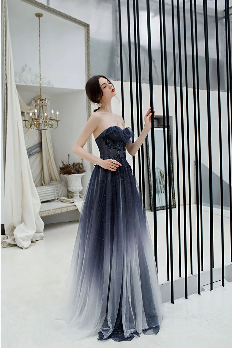 Sweetheart A-line Ombre Color Long Tulle Appliques Prom Dress OKT27