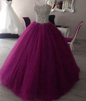 Sweetheart neck tulle burgundy prom dress, evening gown, sweet 16 dress