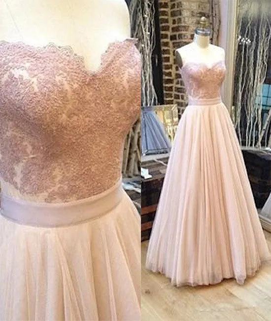 Sweetheart neck tulle lace long prom dress, lace evening dress