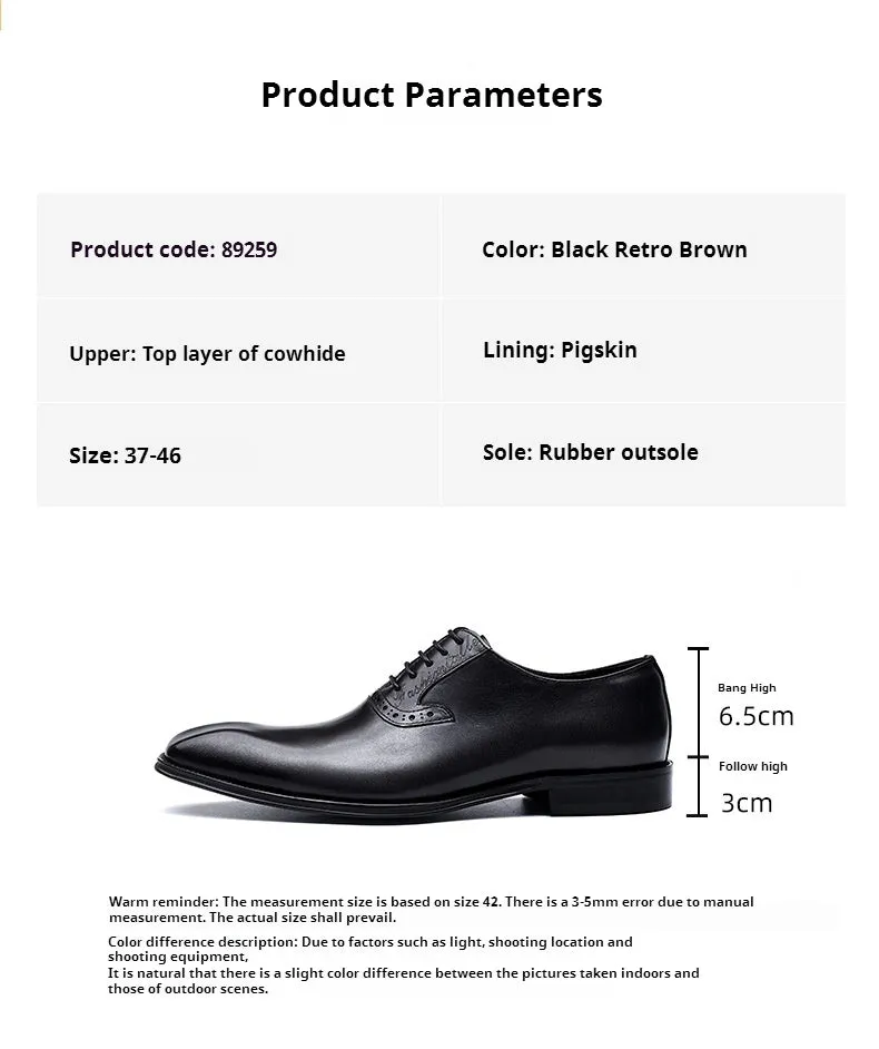 Top Layer Cowhide Men's Leather Shoes Formal Shoes Genuine Cowhide Business British Style Hand-Rub Color Oxford Shoes Pointed Leather Shoes89259