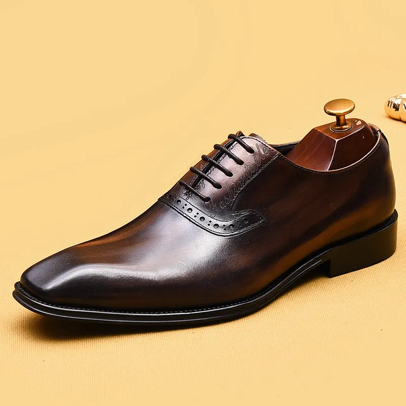 Top Layer Cowhide Men's Leather Shoes Formal Shoes Genuine Cowhide Business British Style Hand-Rub Color Oxford Shoes Pointed Leather Shoes89259