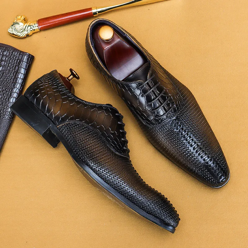 Top Layer Cowhide Men's Leather Shoes Genuine Leather Men's Shoes Top Layer Cowhide Formal Business Leather Shoes Pointed Crocodile Embossed Oxford Shoes68133
