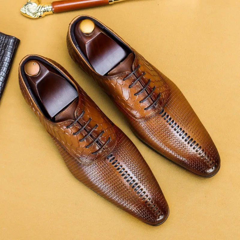 Top Layer Cowhide Men's Leather Shoes Genuine Leather Men's Shoes Top Layer Cowhide Formal Business Leather Shoes Pointed Crocodile Embossed Oxford Shoes68133